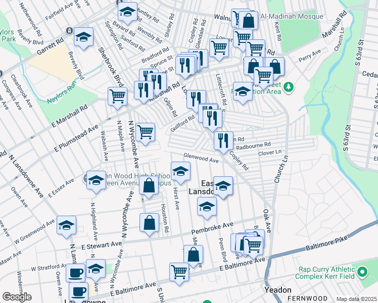 map of restaurants, bars, coffee shops, grocery stores, and more near 519 Glenwood Avenue in Lansdowne