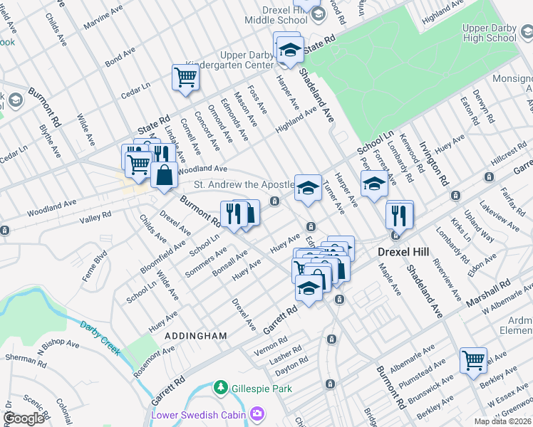 map of restaurants, bars, coffee shops, grocery stores, and more near in Drexel Hill