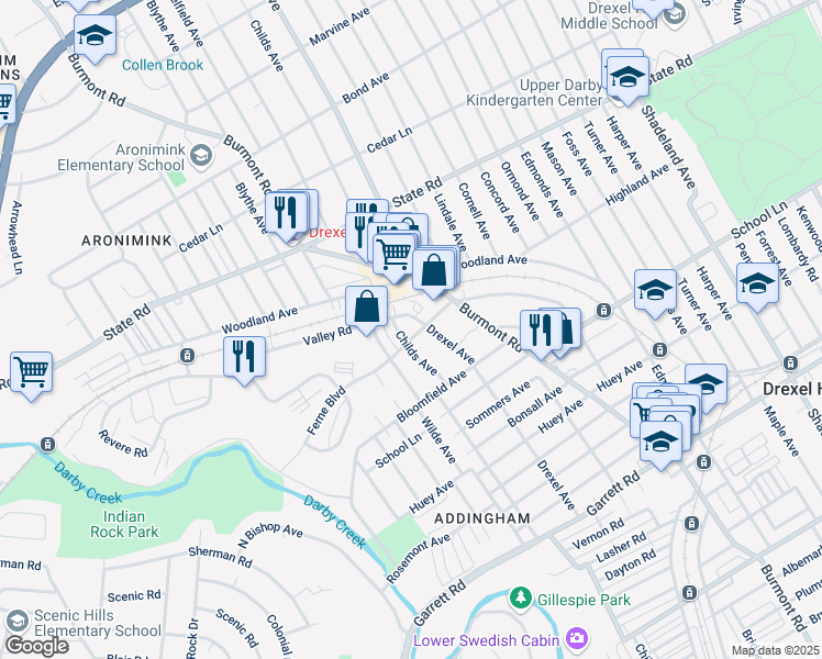 map of restaurants, bars, coffee shops, grocery stores, and more near 4237 Ferne Boulevard in Drexel Hill
