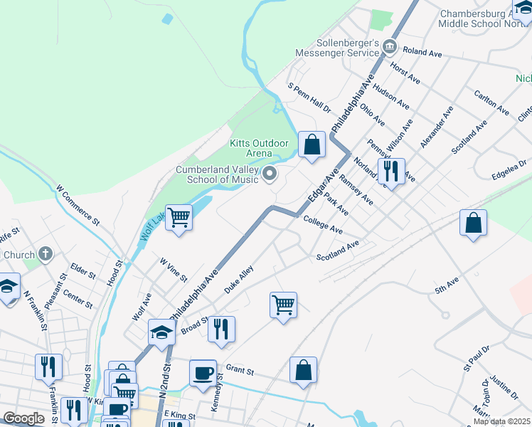 map of restaurants, bars, coffee shops, grocery stores, and more near 30 College Avenue in Chambersburg