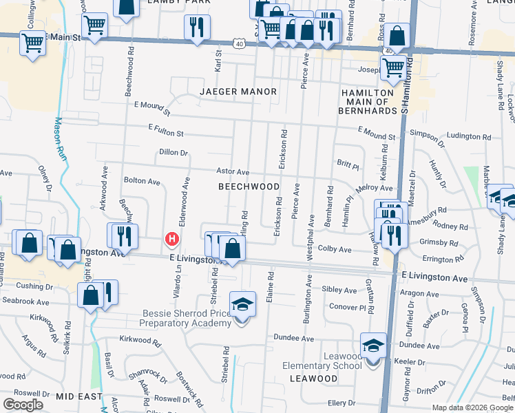map of restaurants, bars, coffee shops, grocery stores, and more near 1274 South Yearling Road in Columbus