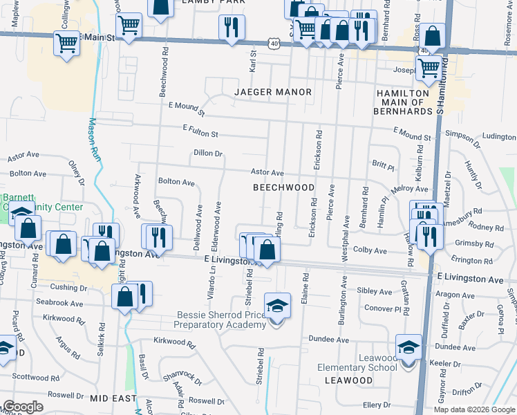 map of restaurants, bars, coffee shops, grocery stores, and more near 1267 Striebel Road in Columbus
