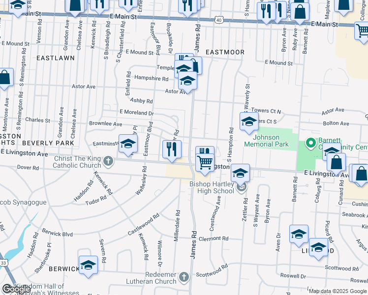 map of restaurants, bars, coffee shops, grocery stores, and more near 1124 South James Road in Columbus