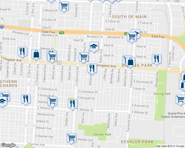 map of restaurants, bars, coffee shops, grocery stores, and more near 896 Ellsworth Avenue in Columbus