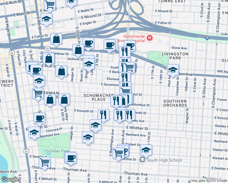 map of restaurants, bars, coffee shops, grocery stores, and more near 484-498 Forest Street in Columbus