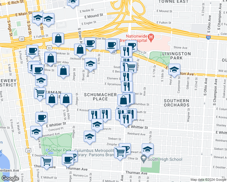 map of restaurants, bars, coffee shops, grocery stores, and more near 484-498 Forest Street in Columbus