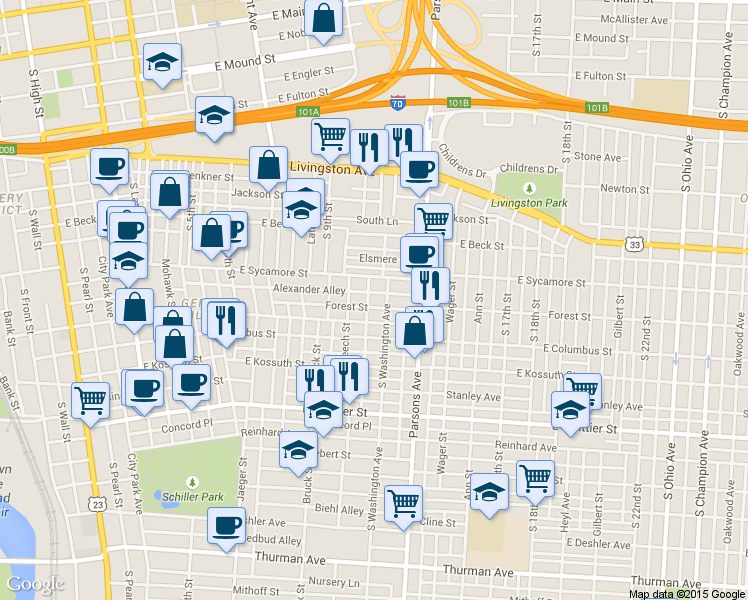 map of restaurants, bars, coffee shops, grocery stores, and more near 484-498 Forest Street in Columbus