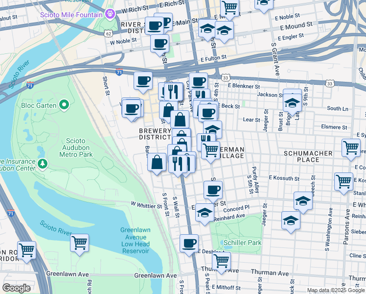 map of restaurants, bars, coffee shops, grocery stores, and more near 684 U.S. 23 in Columbus