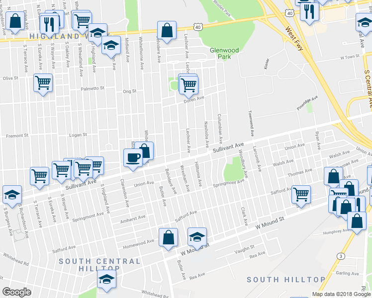 map of restaurants, bars, coffee shops, grocery stores, and more near 381 Wrexham Avenue in Columbus