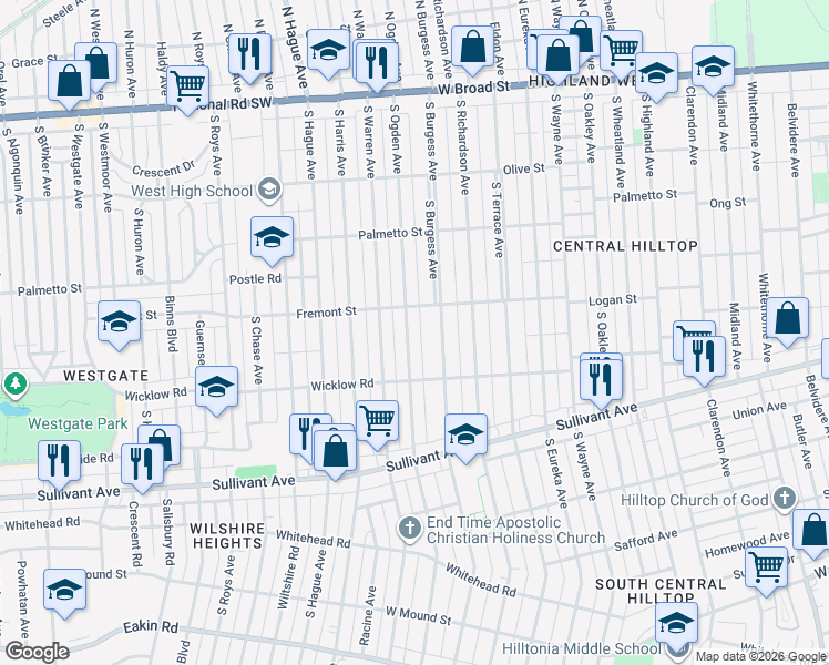 map of restaurants, bars, coffee shops, grocery stores, and more near 342 South Ogden Avenue in Columbus