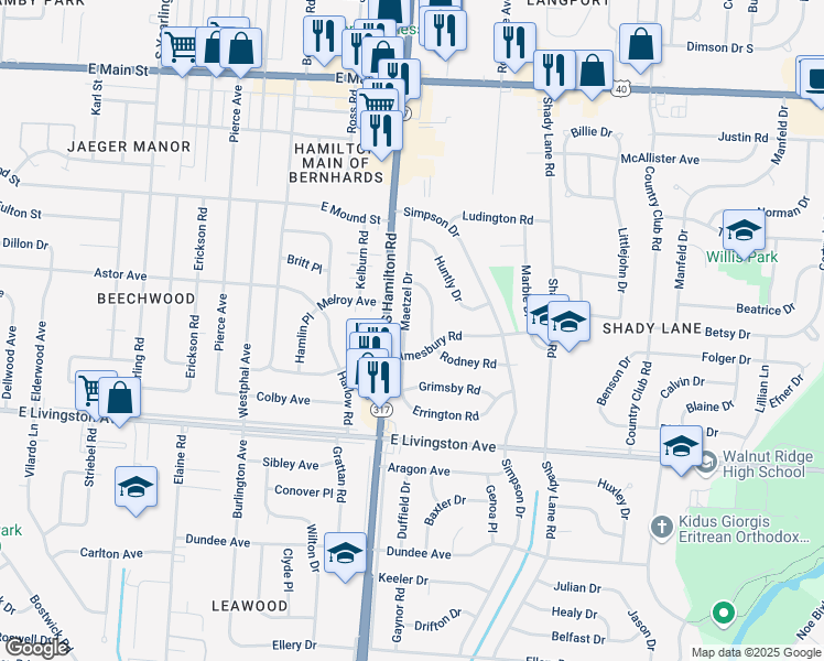 map of restaurants, bars, coffee shops, grocery stores, and more near 1322 Maetzel Drive in Columbus