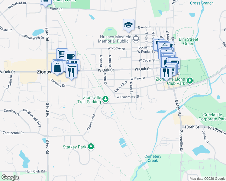 map of restaurants, bars, coffee shops, grocery stores, and more near 780 Laurel Avenue in Zionsville
