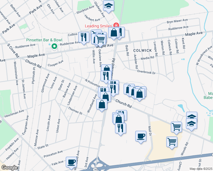 map of restaurants, bars, coffee shops, grocery stores, and more near 56 Haddonfield Road in Cherry Hill