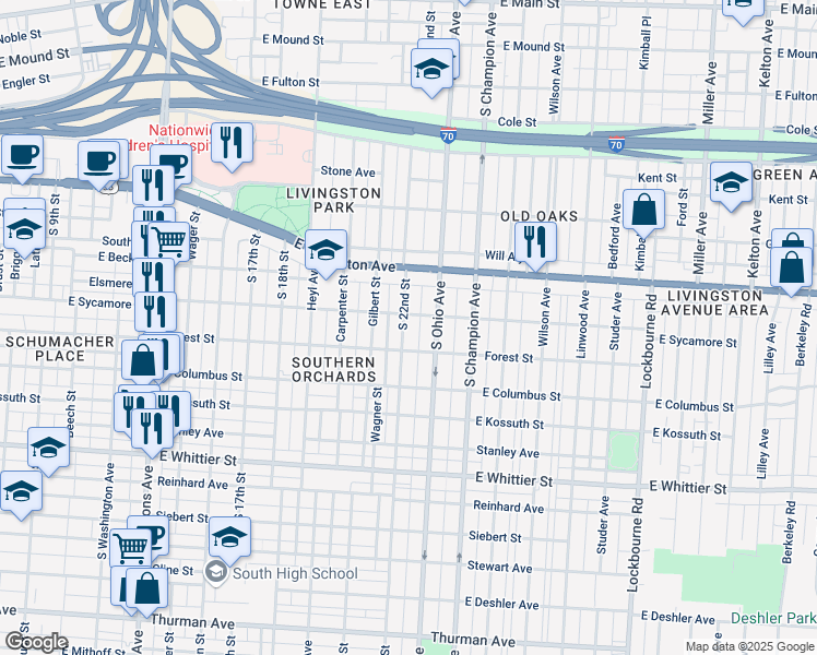 map of restaurants, bars, coffee shops, grocery stores, and more near 826 South 22nd Street in Columbus