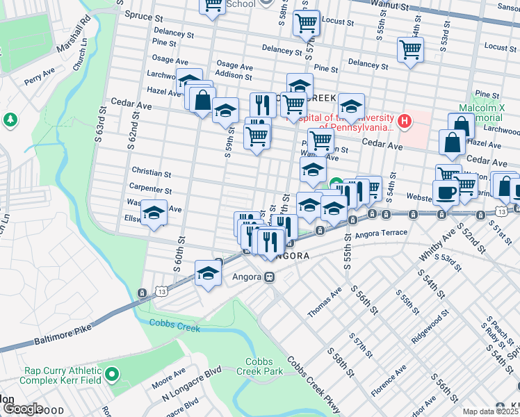 map of restaurants, bars, coffee shops, grocery stores, and more near 830 South Cecil Street in Philadelphia