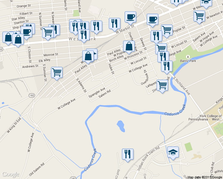 map of restaurants, bars, coffee shops, grocery stores, and more near 1345 Salem Road in York