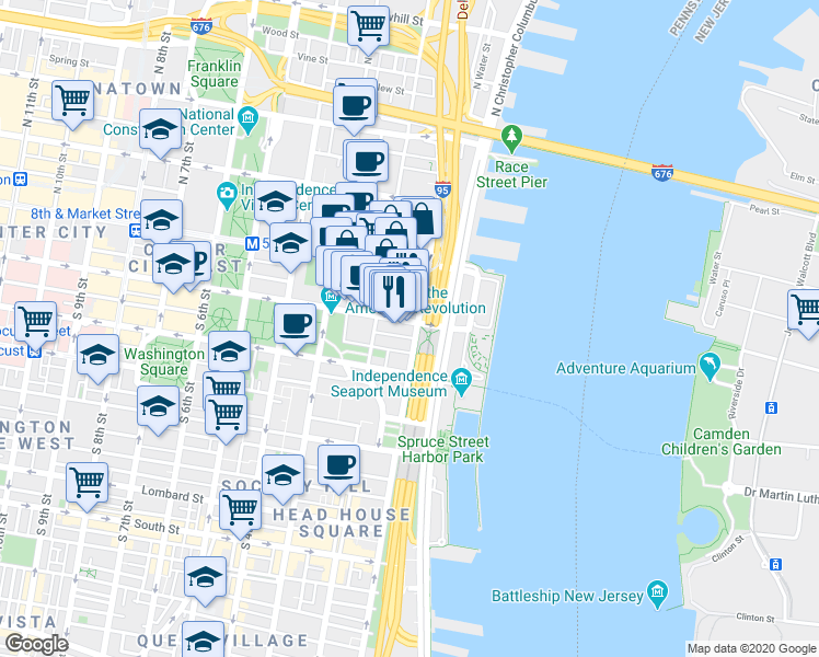 map of restaurants, bars, coffee shops, grocery stores, and more near 50 South Front Street in Philadelphia
