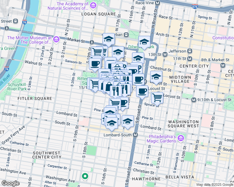 map of restaurants, bars, coffee shops, grocery stores, and more near 252 South 16th Street in Philadelphia