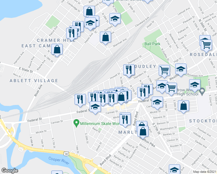 map of restaurants, bars, coffee shops, grocery stores, and more near 121 N 24th St in Camden