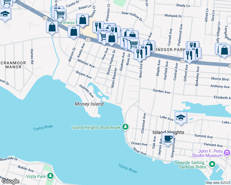 map of restaurants, bars, coffee shops, grocery stores, and more near 15 Gladney Avenue in Toms River