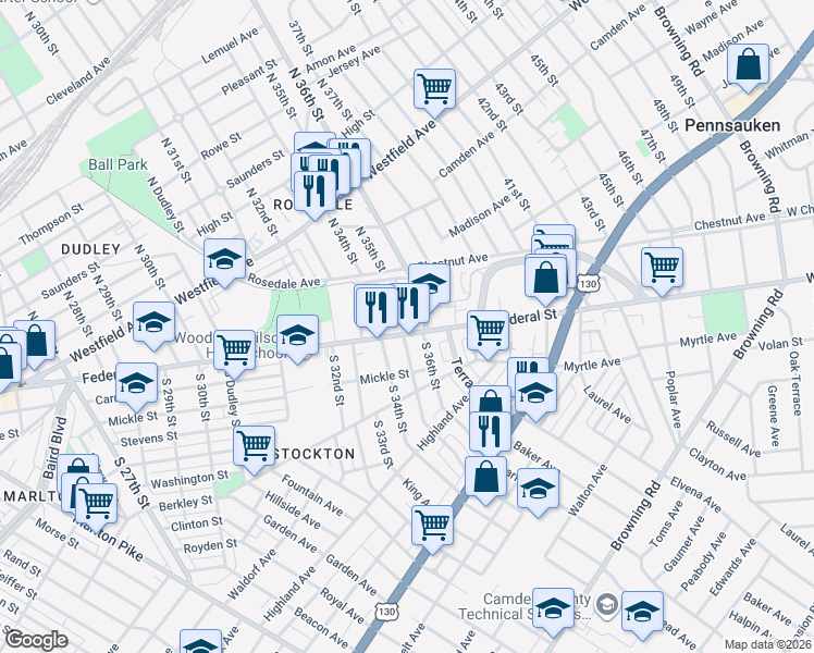 map of restaurants, bars, coffee shops, grocery stores, and more near 3501 Federal Street in Camden