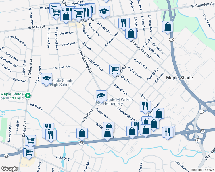 map of restaurants, bars, coffee shops, grocery stores, and more near 31 East Mill Road in Maple Shade