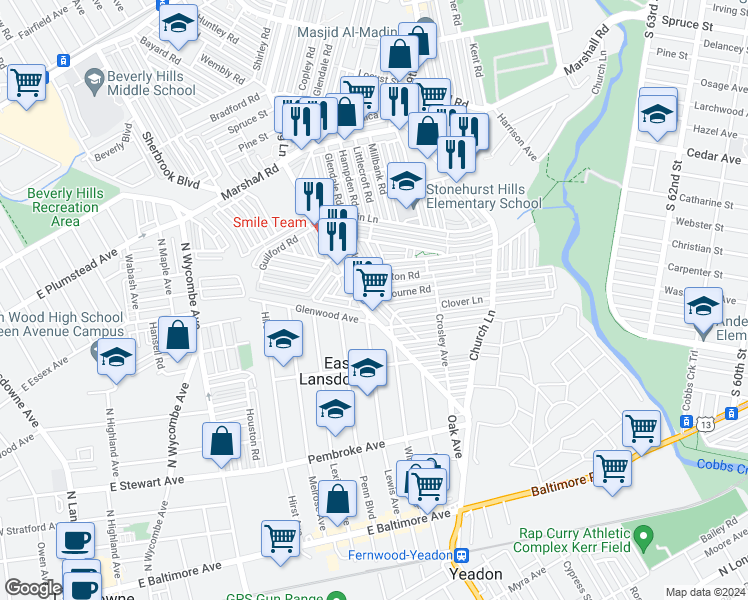 map of restaurants, bars, coffee shops, grocery stores, and more near 702 Copley Road in Delaware County