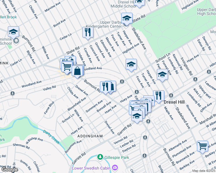 map of restaurants, bars, coffee shops, grocery stores, and more near 605 Aronimink Place in Drexel Hill