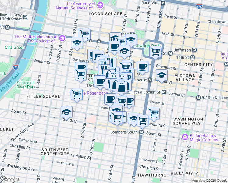 map of restaurants, bars, coffee shops, grocery stores, and more near 261 South 17th Street in Philadelphia