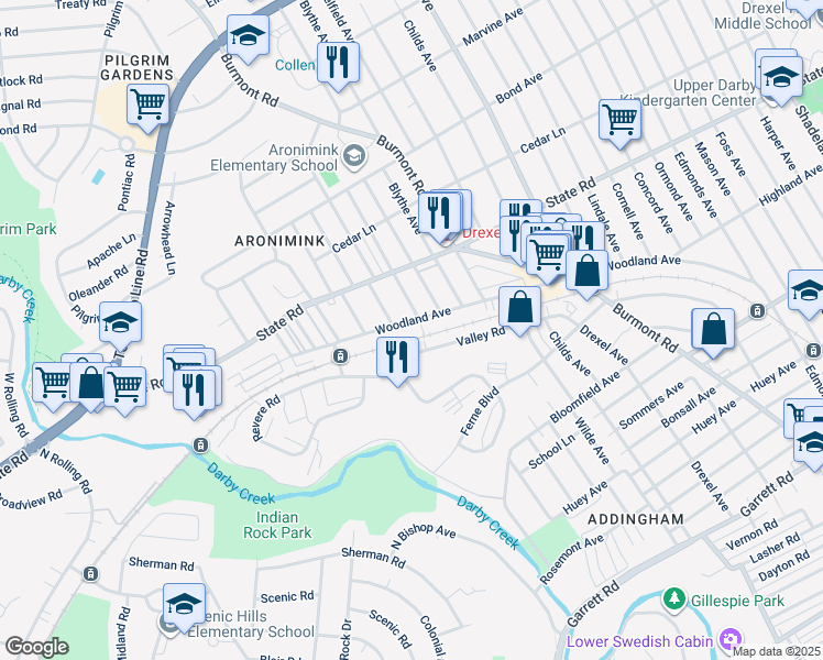 map of restaurants, bars, coffee shops, grocery stores, and more near 4666 Woodland Avenue in Drexel Hill