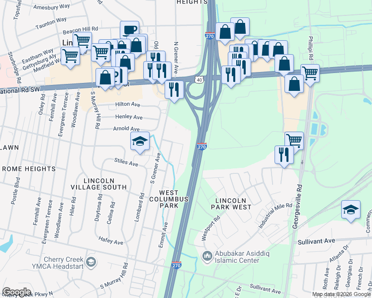 map of restaurants, bars, coffee shops, grocery stores, and more near 208 Emmit Avenue in Columbus