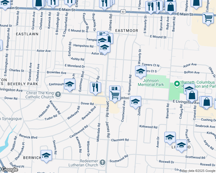 map of restaurants, bars, coffee shops, grocery stores, and more near 1124 South James Road in Columbus