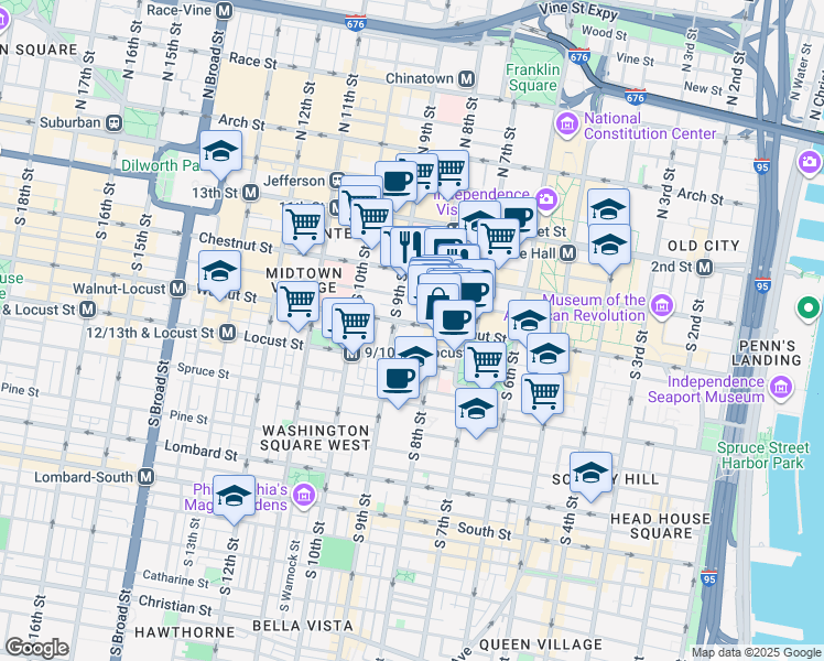 map of restaurants, bars, coffee shops, grocery stores, and more near 840 Walnut Street in Philadelphia