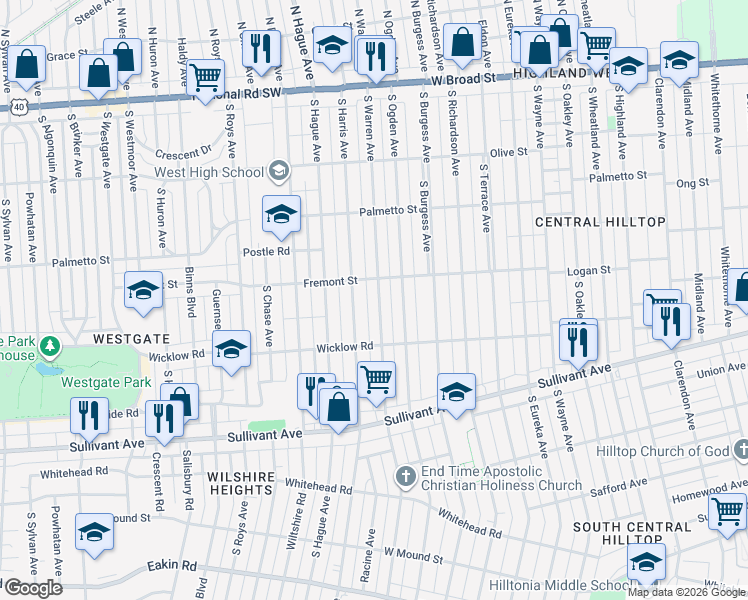 map of restaurants, bars, coffee shops, grocery stores, and more near 337 South Warren Avenue in Columbus