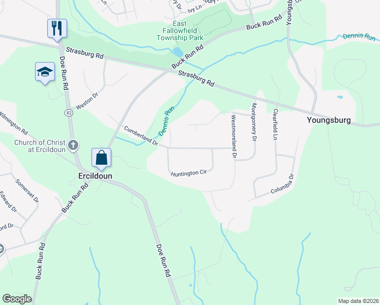 map of restaurants, bars, coffee shops, grocery stores, and more near 117 Cumberland Drive in Chester County