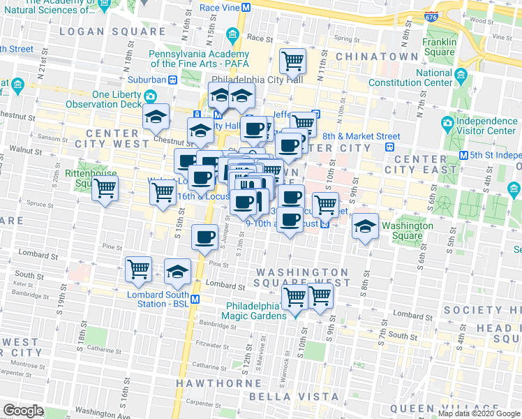 map of restaurants, bars, coffee shops, grocery stores, and more near 1301 Locust Street in Philadelphia