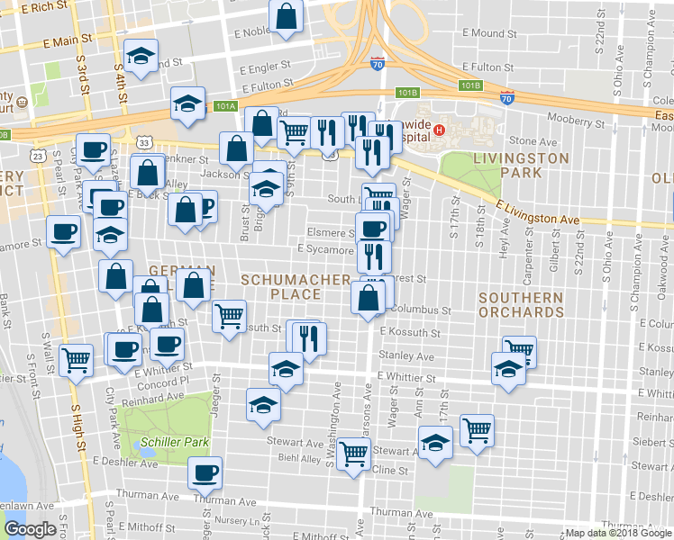 map of restaurants, bars, coffee shops, grocery stores, and more near 484-498 Forest Street in Columbus