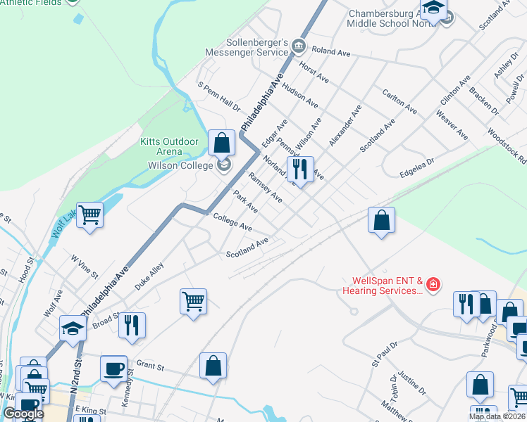 map of restaurants, bars, coffee shops, grocery stores, and more near 220 Park Avenue in Chambersburg