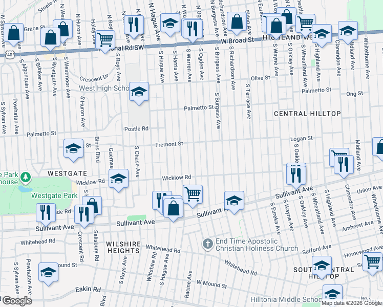 map of restaurants, bars, coffee shops, grocery stores, and more near 337 South Warren Avenue in Columbus