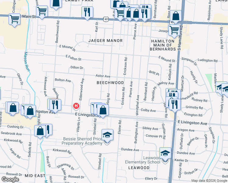 map of restaurants, bars, coffee shops, grocery stores, and more near 1274 South Yearling Road in Columbus
