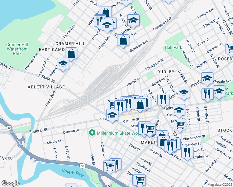 map of restaurants, bars, coffee shops, grocery stores, and more near 133 North 22nd Street in Camden