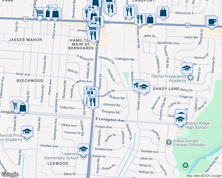 map of restaurants, bars, coffee shops, grocery stores, and more near 4540 Amesbury Road in Columbus