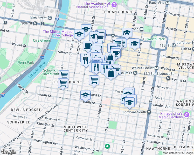 map of restaurants, bars, coffee shops, grocery stores, and more near 1932 Spruce Street in Philadelphia