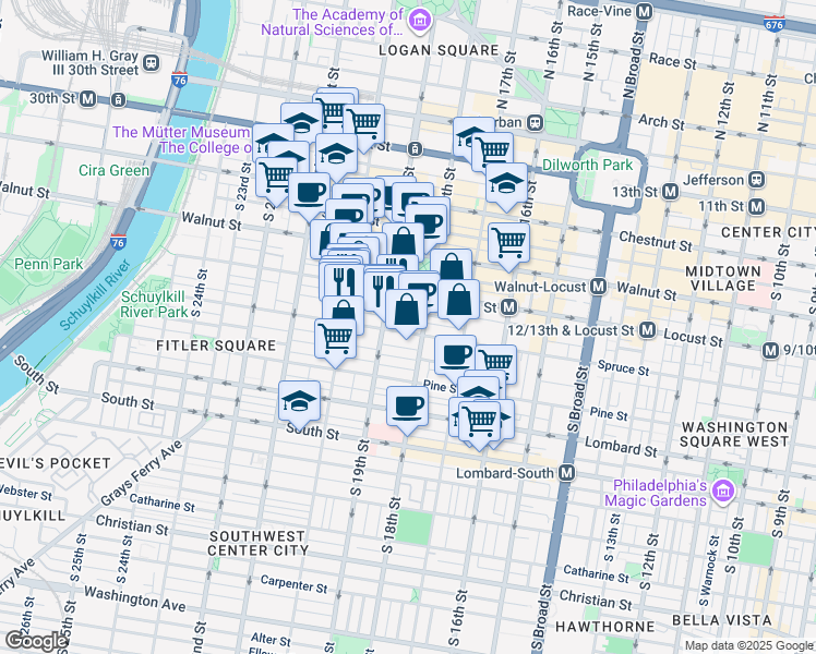 map of restaurants, bars, coffee shops, grocery stores, and more near 1815 Spruce Street in Philadelphia