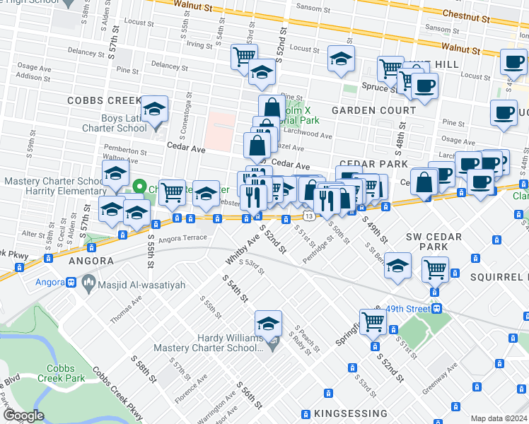 map of restaurants, bars, coffee shops, grocery stores, and more near 5137 Baltimore Avenue in Philadelphia