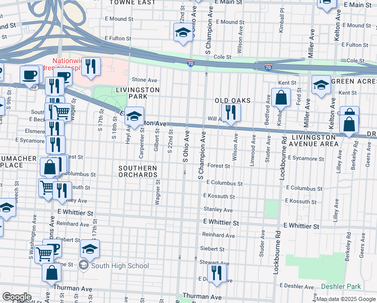 map of restaurants, bars, coffee shops, grocery stores, and more near 834 South Ohio Avenue in Columbus