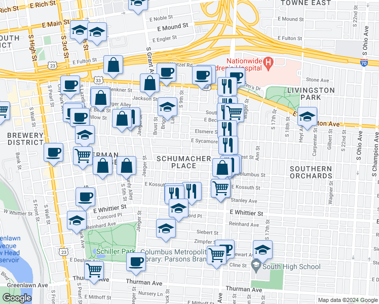 map of restaurants, bars, coffee shops, grocery stores, and more near 753 Beech Street in Columbus