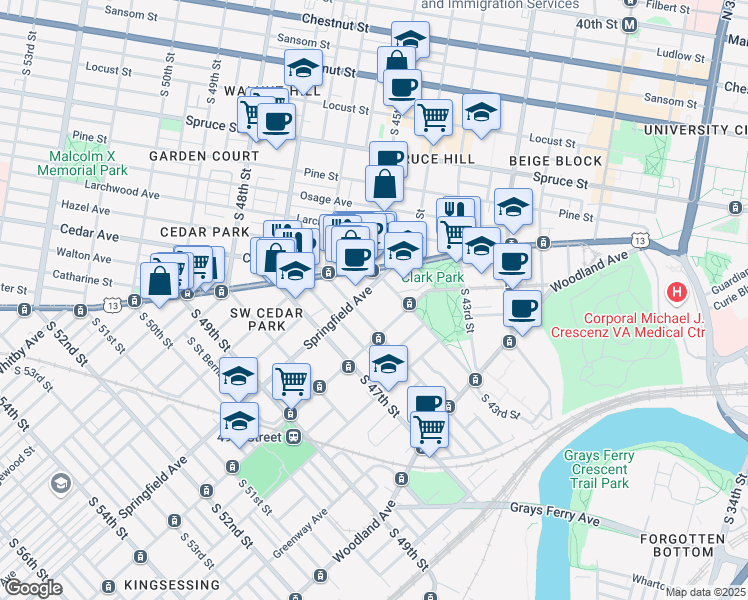 map of restaurants, bars, coffee shops, grocery stores, and more near 4520 Springfield Avenue in Philadelphia
