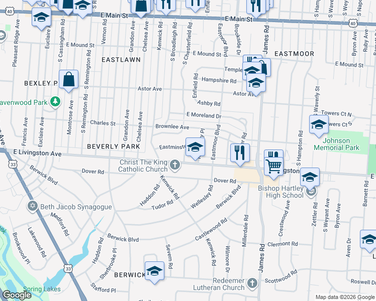 map of restaurants, bars, coffee shops, grocery stores, and more near 1090 Browning Avenue in Columbus
