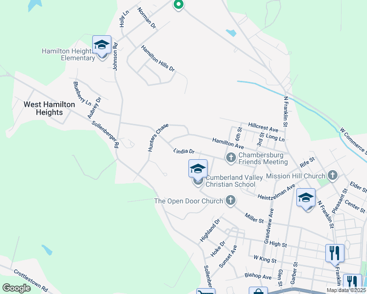 map of restaurants, bars, coffee shops, grocery stores, and more near 809 Lindia Drive in Chambersburg